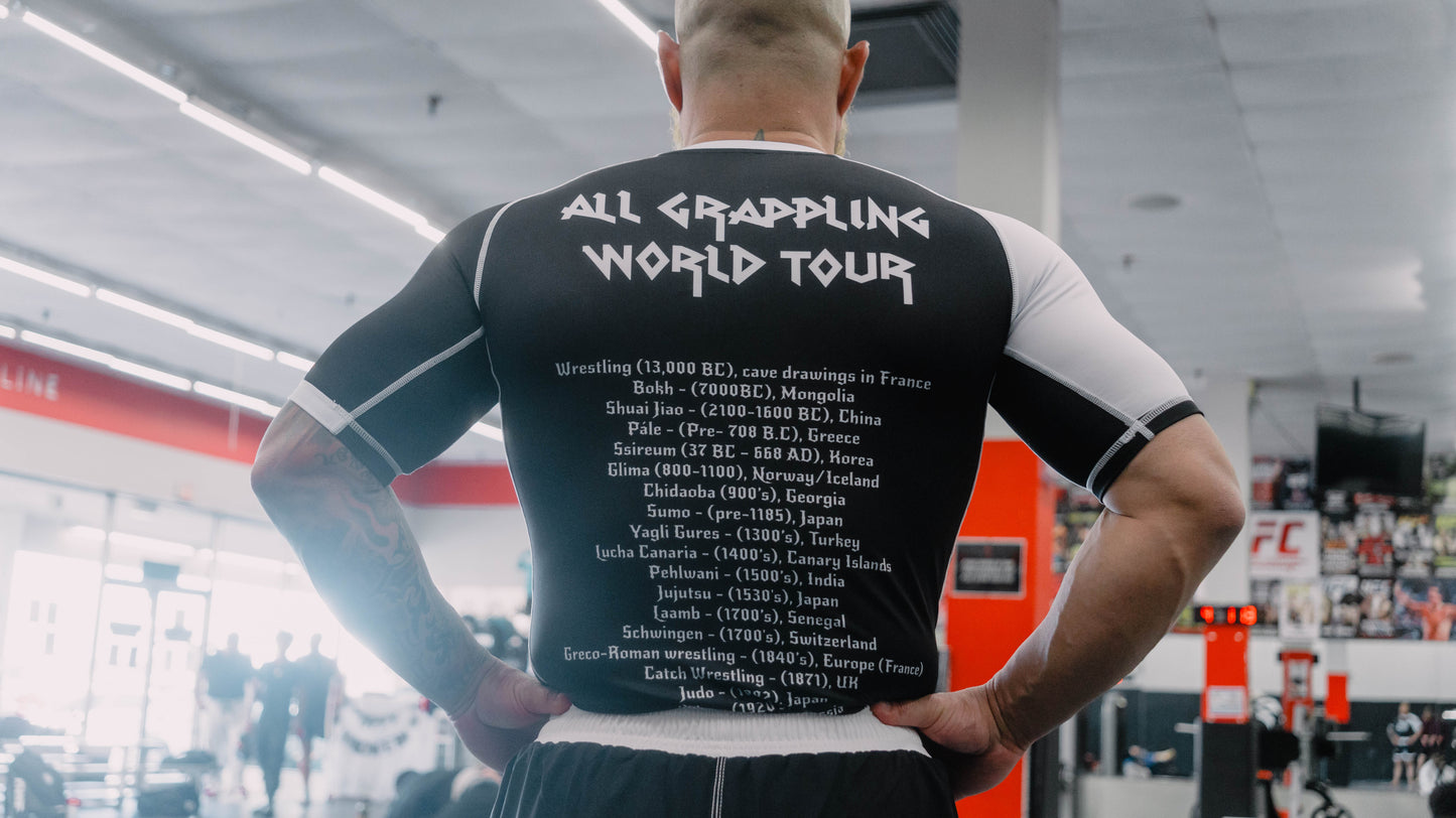 Grappling World Tour Rash Guard: Rock Your Roll Rash Guard, Global Grappling Sports Tribute.